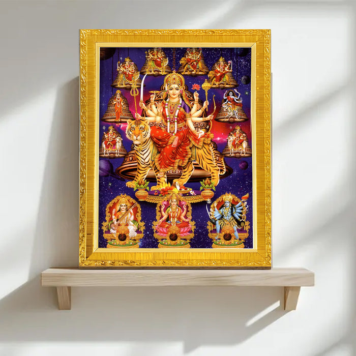 Divine Devi Navdurga and Maa Kali, Lakshmi and Saraswathi Religious Golden Photo Frame Stand able and Wall Hanging for Temple (13x18 cm)