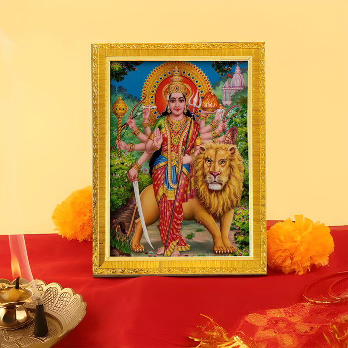 Divine Devi Navdurga and Maa Kali, Lakshmi and Saraswathi Religious Golden Photo Frame Stand able and Wall Hanging for Temple (13x18 cm)