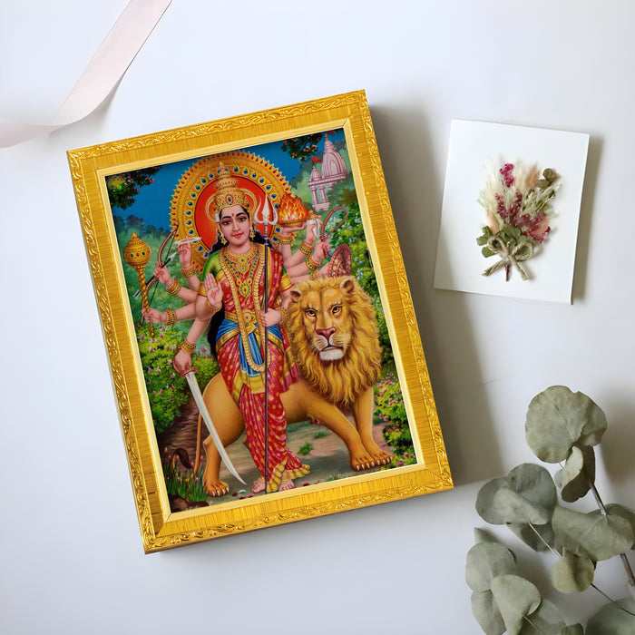 Divine Devi Navdurga and Maa Kali, Lakshmi and Saraswathi Religious Golden Photo Frame Stand able and Wall Hanging for Temple (13x18 cm)