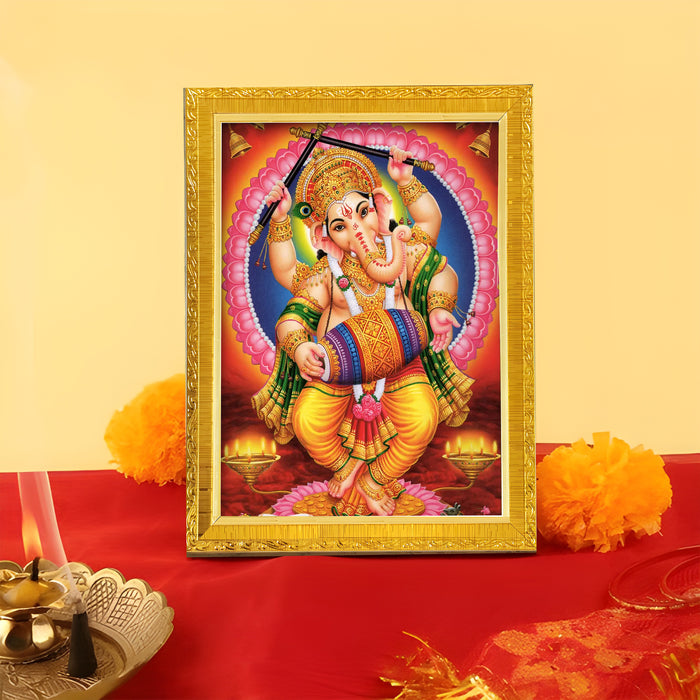 Bhagwan Shiva and Devi Parvati and Ganesh Ji Religious Golden Photo Frame Stand able and Wall Hanging for Temple (13x18 cm)