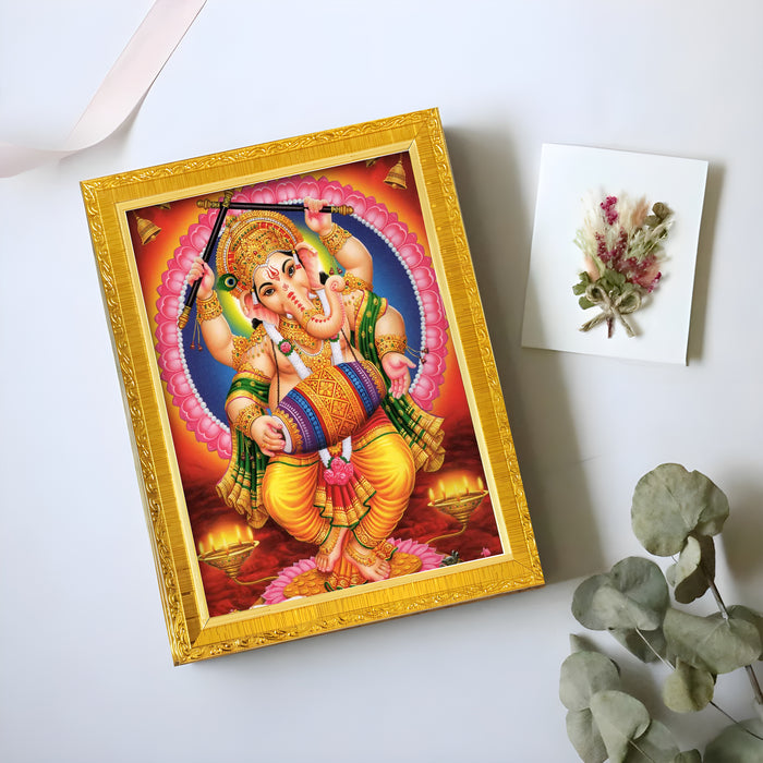 Bhagwan Shiva and Devi Parvati and Ganesh Ji Religious Golden Photo Frame Stand able and Wall Hanging for Temple (13x18 cm)
