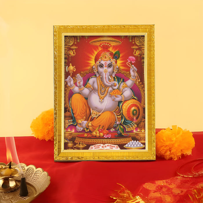 Bhagwan Shiva and Devi Parvati and Ganesh Ji Religious Golden Photo Frame Stand able and Wall Hanging for Temple (13x18 cm)