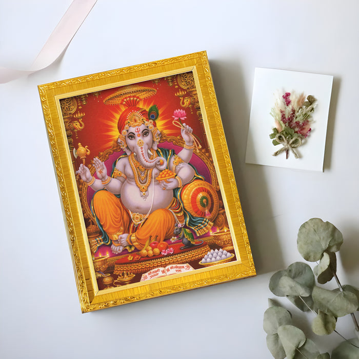 Bhagwan Shiva and Devi Parvati and Ganesh Ji Religious Golden Photo Frame Stand able and Wall Hanging for Temple (13x18 cm)