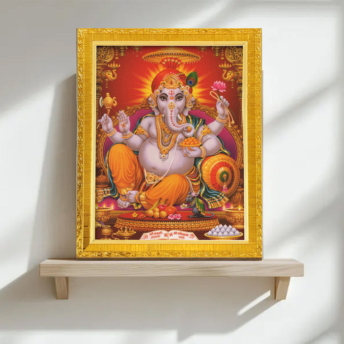 Bhagwan Shiva and Devi Parvati and Ganesh Ji Religious Golden Photo Frame Stand able and Wall Hanging for Temple (13x18 cm)