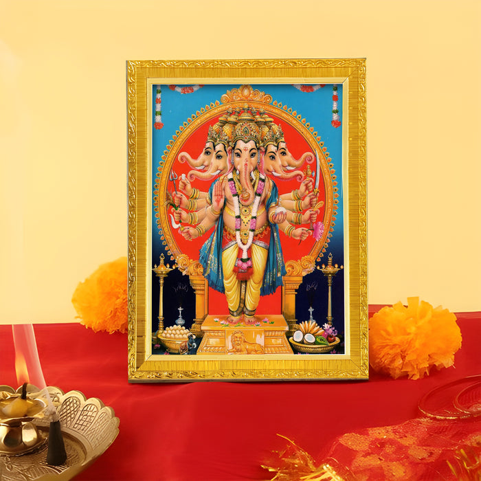 Bhagwan Shiva and Devi Parvati and Ganesh Ji Religious Golden Photo Frame Stand able and Wall Hanging for Temple (13x18 cm)