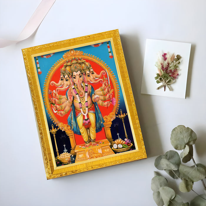 Bhagwan Shiva and Devi Parvati and Ganesh Ji Religious Golden Photo Frame Stand able and Wall Hanging for Temple (13x18 cm)