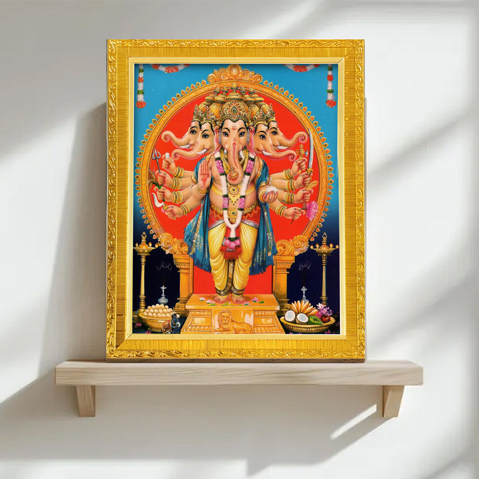 Bhagwan Shiva and Devi Parvati and Ganesh Ji Religious Golden Photo Frame Stand able and Wall Hanging for Temple (13x18 cm)