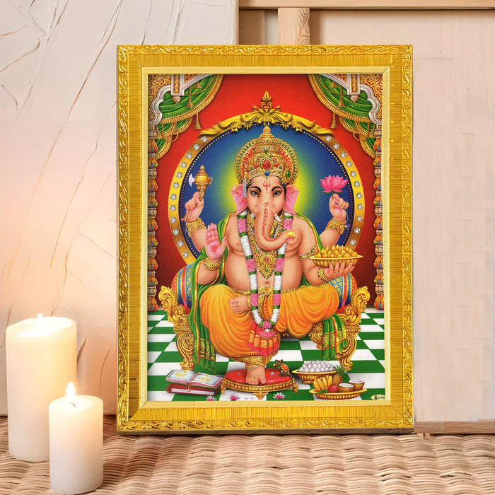 Divine Lakshmi Ganesh Saraswathi Goddess of Wealth Religious Golden Photo Frame Stand able and Wall Hanging for Temple, Mandir (21x30 cm)