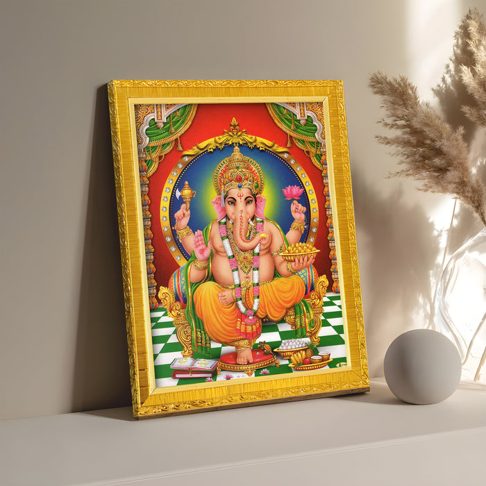 Divine Lakshmi Ganesh Saraswathi Goddess of Wealth Religious Golden Photo Frame Stand able and Wall Hanging for Temple, Mandir (21x30 cm)