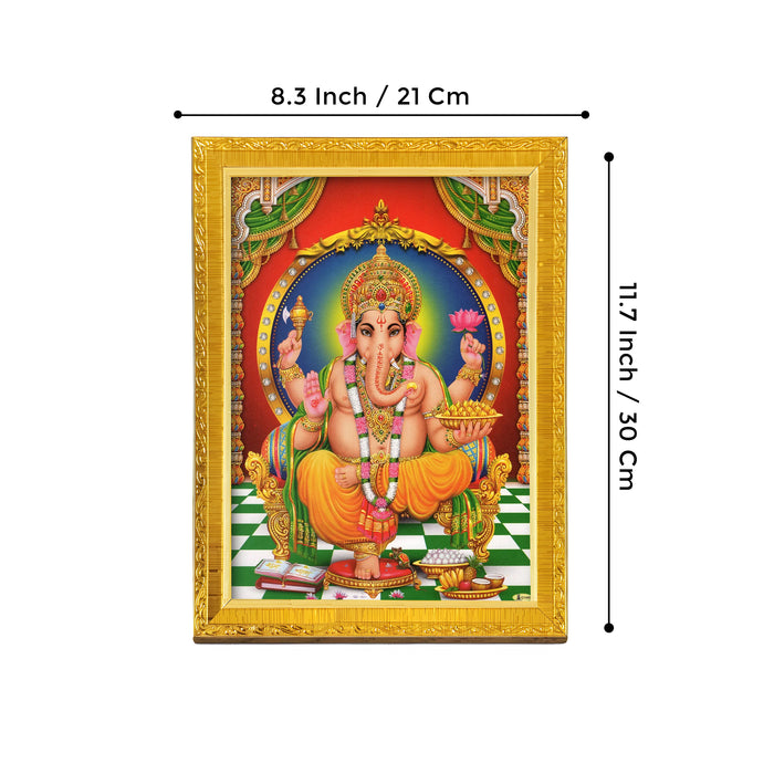 Divine Lakshmi Ganesh Saraswathi Goddess of Wealth Religious Golden Photo Frame Stand able and Wall Hanging for Temple, Mandir (21x30 cm)