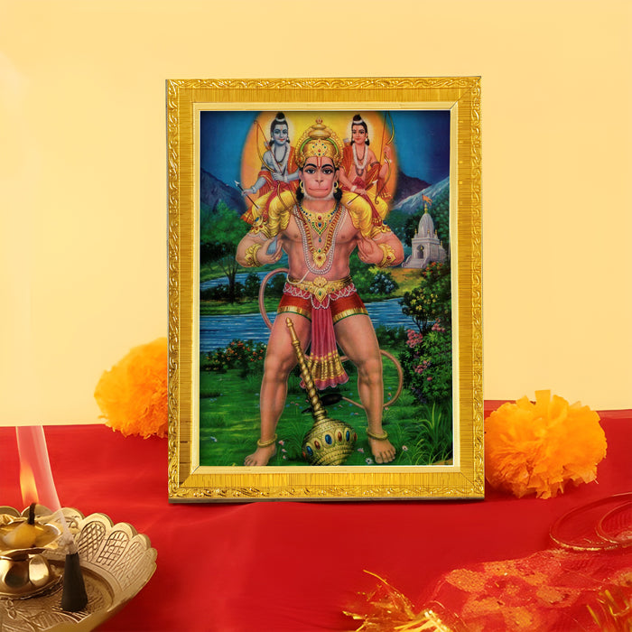 Lord Ram Lakshman Hanuman Religious Golden Photo Frame Stand able and Wall Hanging for Temple (13x18 cm)