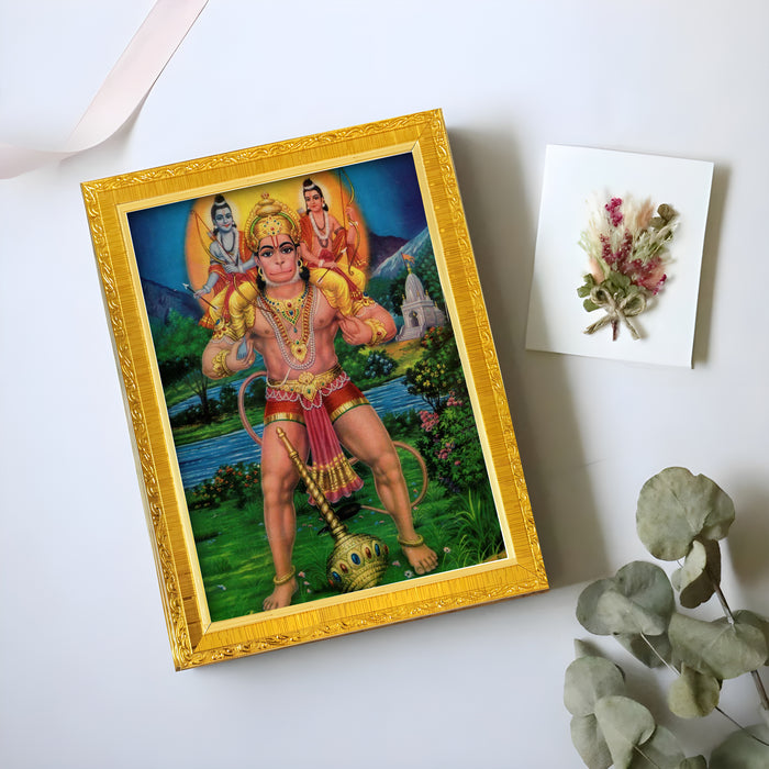 Lord Ram Lakshman Hanuman Religious Golden Photo Frame Stand able and Wall Hanging for Temple (13x18 cm)