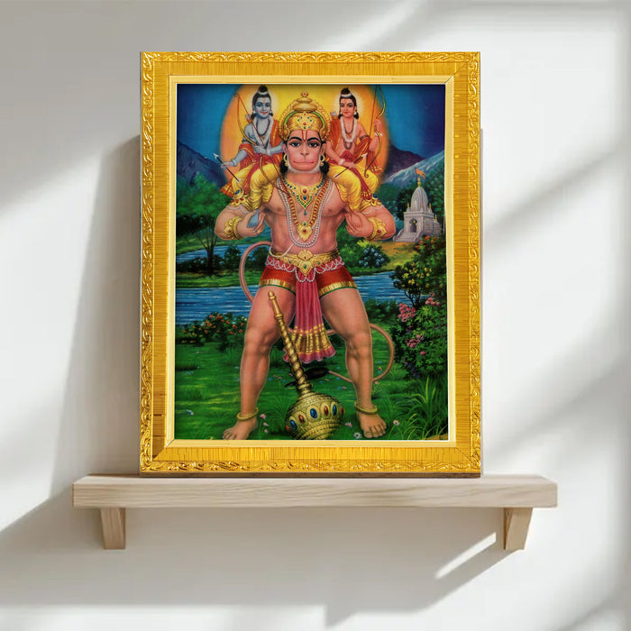 Lord Ram Lakshman Hanuman Religious Golden Photo Frame Stand able and Wall Hanging for Temple (13x18 cm)