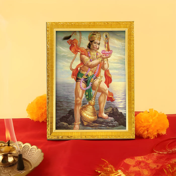 Lord Ram Lakshman Hanuman Religious Golden Photo Frame Stand able and Wall Hanging for Temple (13x18 cm)