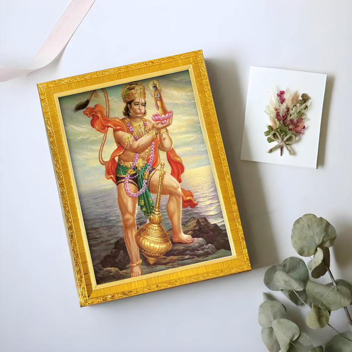 Lord Ram Lakshman Hanuman Religious Golden Photo Frame Stand able and Wall Hanging for Temple (13x18 cm)