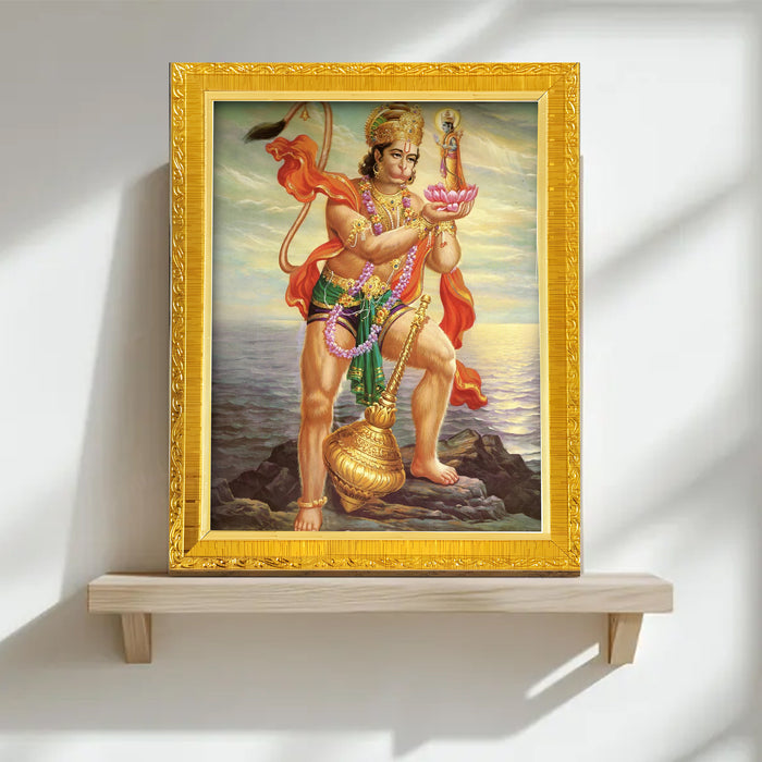 Lord Ram Lakshman Hanuman Religious Golden Photo Frame Stand able and Wall Hanging for Temple (13x18 cm)