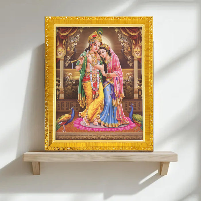 Divine Sri Radha and Krishna Religious Golden Photo Frame Stand able and Wall Hanging for Temple (13x18 cm)
