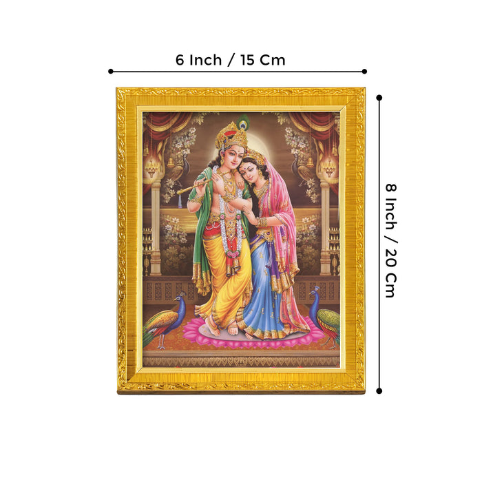 Divine Sri Radha and Krishna Religious Golden Photo Frame Stand able and Wall Hanging for Temple (13x18 cm)