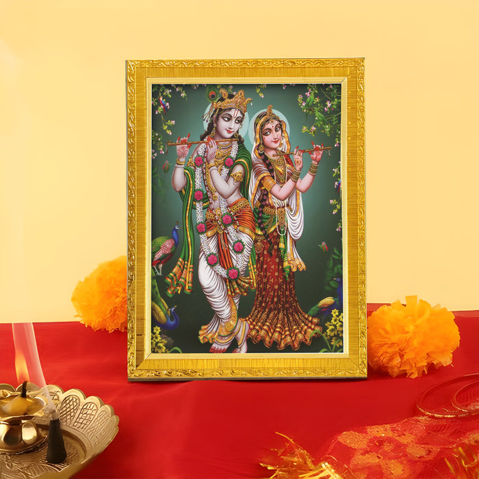 Divine Sri Radha and Krishna Religious Golden Photo Frame Stand able and Wall Hanging for Temple (13x18 cm)