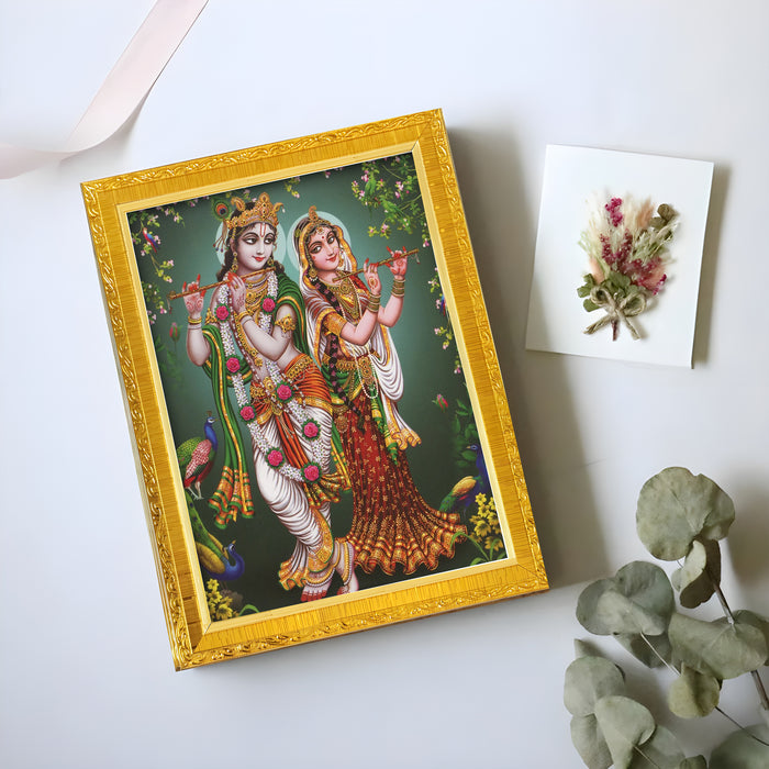 Divine Sri Radha and Krishna Religious Golden Photo Frame Stand able and Wall Hanging for Temple (13x18 cm)
