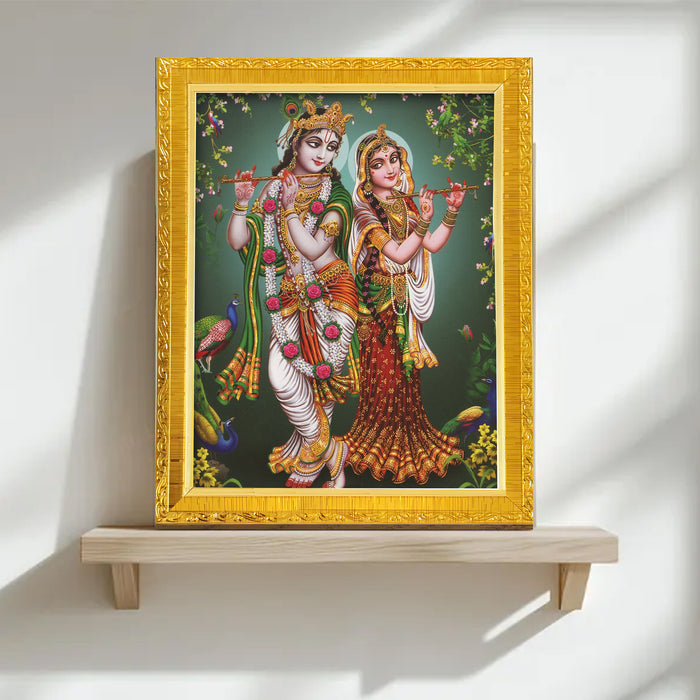 Divine Sri Radha and Krishna Religious Golden Photo Frame Stand able and Wall Hanging for Temple (13x18 cm)