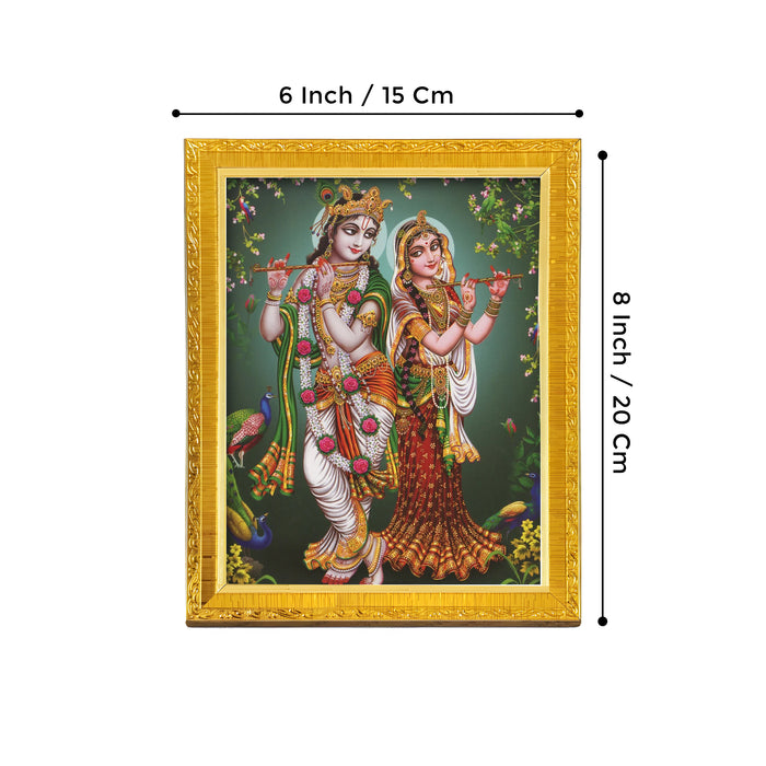 Divine Sri Radha and Krishna Religious Golden Photo Frame Stand able and Wall Hanging for Temple (13x18 cm)
