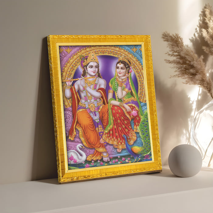 Divine Sri Radha Krishna Shiv Parvati Kali and Hanuman Ji Religious Golden Photo Frame Stand able and Wall Hanging for Temple (21x30 cm)