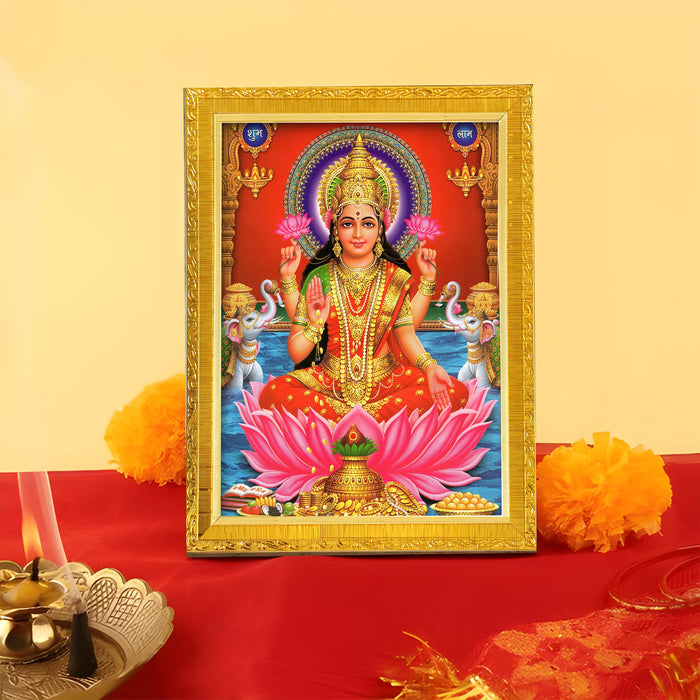 Bhagwan Vishnu Lakshmi And Saraswathi Religious Golden Photo Frame Stand able and Wall Hanging for Temple (13x18 cm)