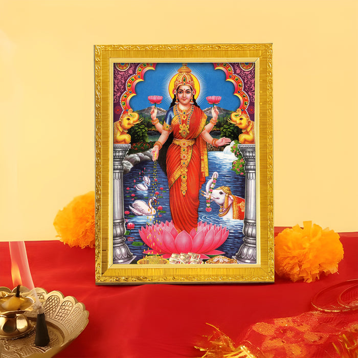 Bhagwan Vishnu Lakshmi And Saraswathi Religious Golden Photo Frame Stand able and Wall Hanging for Temple (13x18 cm)