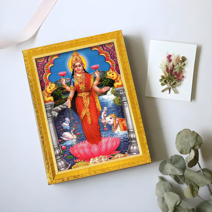 Bhagwan Vishnu Lakshmi And Saraswathi Religious Golden Photo Frame Stand able and Wall Hanging for Temple (13x18 cm)