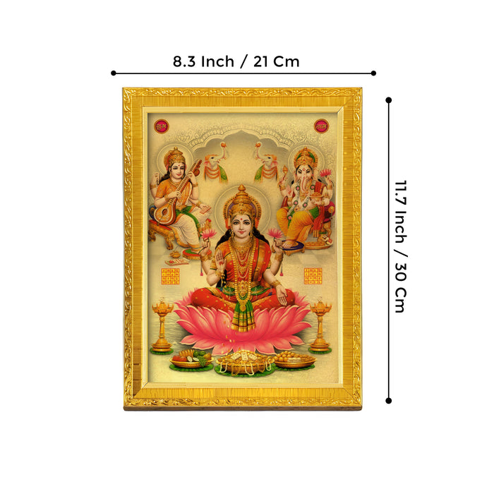 Divine Lakshmi Ganesh Saraswathi Goddess of Wealth Religious Golden Photo Frame Stand able and Wall Hanging for Temple, Mandir (21x30 cm)