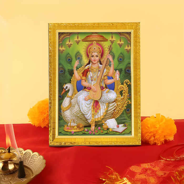 Bhagwan Vishnu Lakshmi And Saraswathi Religious Golden Photo Frame Stand able and Wall Hanging for Temple (13x18 cm)