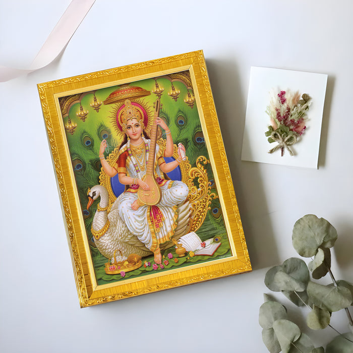 Bhagwan Vishnu Lakshmi And Saraswathi Religious Golden Photo Frame Stand able and Wall Hanging for Temple (13x18 cm)