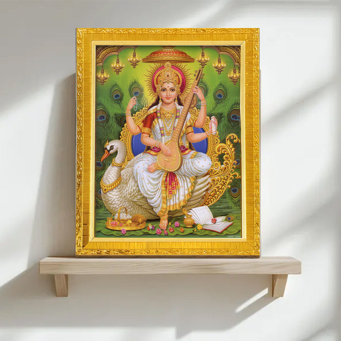 Bhagwan Vishnu Lakshmi And Saraswathi Religious Golden Photo Frame Stand able and Wall Hanging for Temple (13x18 cm)
