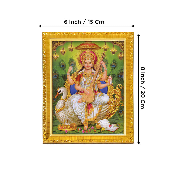 Bhagwan Vishnu Lakshmi And Saraswathi Religious Golden Photo Frame Stand able and Wall Hanging for Temple (13x18 cm)