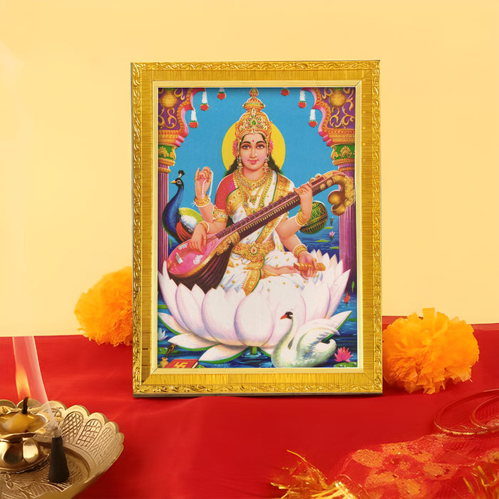 Bhagwan Vishnu Lakshmi And Saraswathi Religious Golden Photo Frame Stand able and Wall Hanging for Temple (13x18 cm)