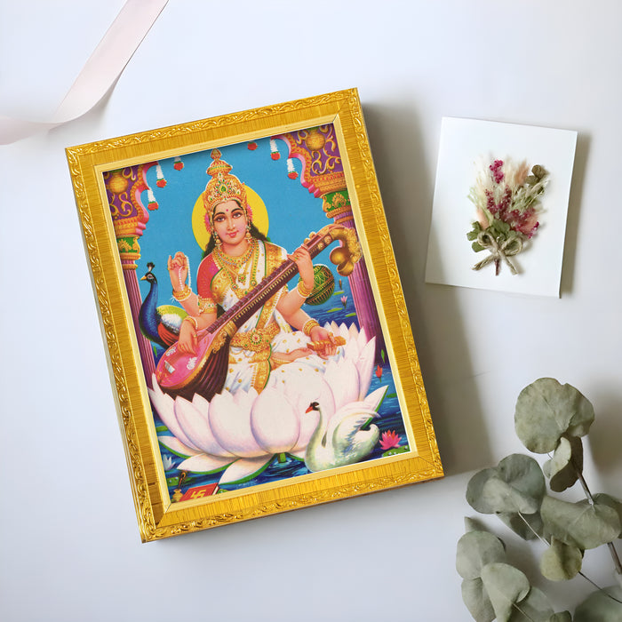 Bhagwan Vishnu Lakshmi And Saraswathi Religious Golden Photo Frame Stand able and Wall Hanging for Temple (13x18 cm)