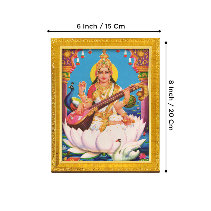 Bhagwan Vishnu Lakshmi And Saraswathi Religious Golden Photo Frame Stand able and Wall Hanging for Temple (13x18 cm)