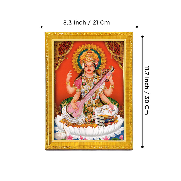 Divine Lakshmi Ganesh Saraswathi Goddess of Wealth Religious Golden Photo Frame Stand able and Wall Hanging for Temple, Mandir (21x30 cm)