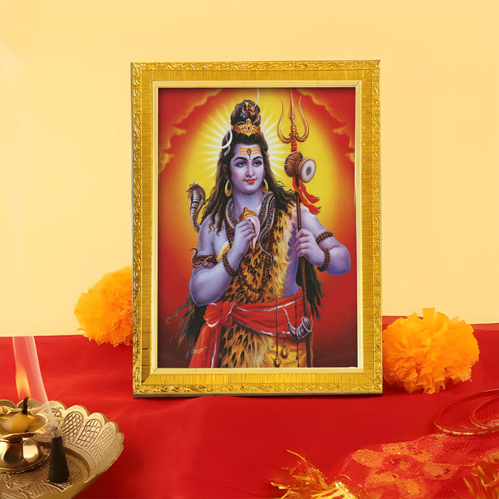Bhagwan Shiva and Devi Parvati and Ganesh Ji Religious Golden Photo Frame Stand able and Wall Hanging for Temple (13x18 cm)