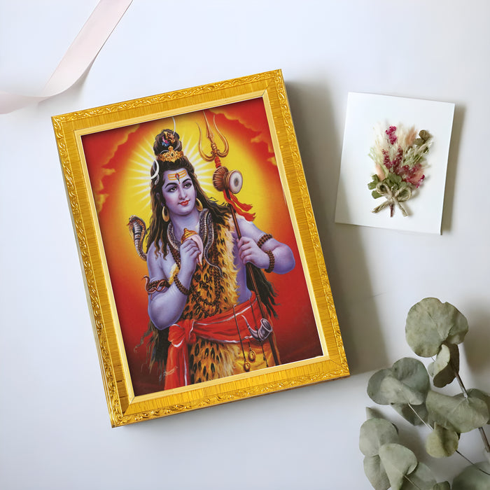 Bhagwan Shiva and Devi Parvati and Ganesh Ji Religious Golden Photo Frame Stand able and Wall Hanging for Temple (13x18 cm)