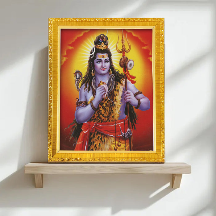 Bhagwan Shiva and Devi Parvati and Ganesh Ji Religious Golden Photo Frame Stand able and Wall Hanging for Temple (13x18 cm)