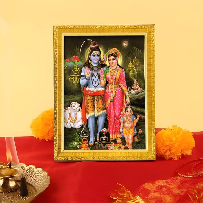 Bhagwan Shiva and Devi Parvati and Ganesh Ji Religious Golden Photo Frame Stand able and Wall Hanging for Temple (13x18 cm)