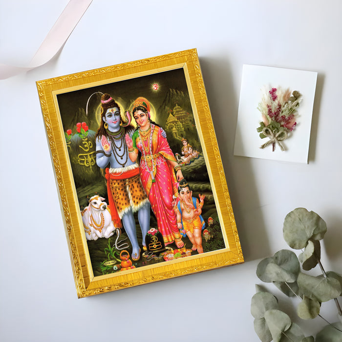 Bhagwan Shiva and Devi Parvati and Ganesh Ji Religious Golden Photo Frame Stand able and Wall Hanging for Temple (13x18 cm)