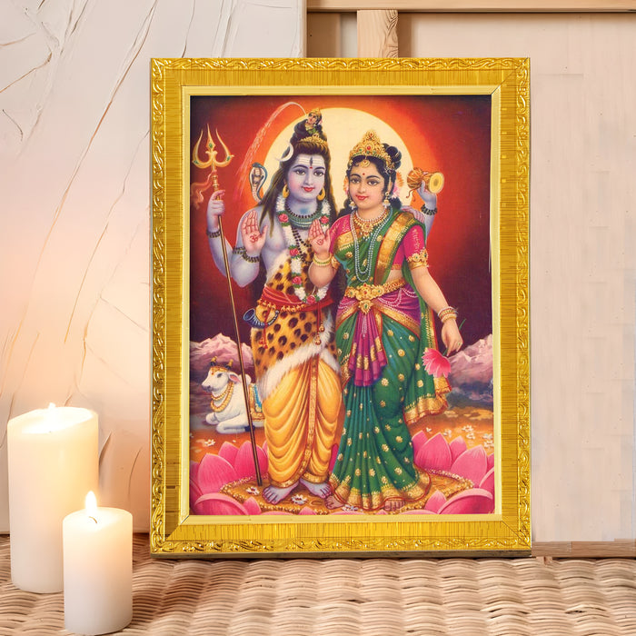 Divine Sri Radha Krishna Shiv Parvati Kali and Hanuman Ji Religious Golden Photo Frame Stand able and Wall Hanging for Temple (21x30 cm)