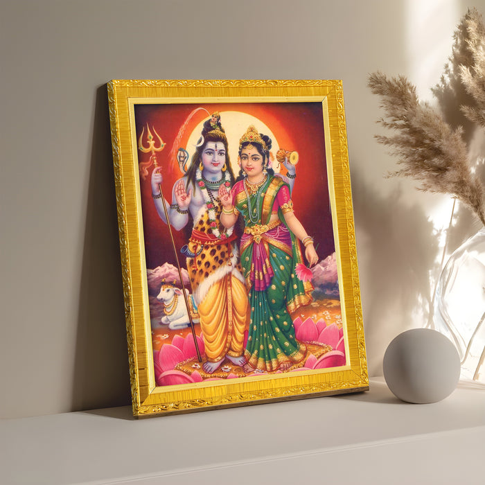 Divine Sri Radha Krishna Shiv Parvati Kali and Hanuman Ji Religious Golden Photo Frame Stand able and Wall Hanging for Temple (21x30 cm)