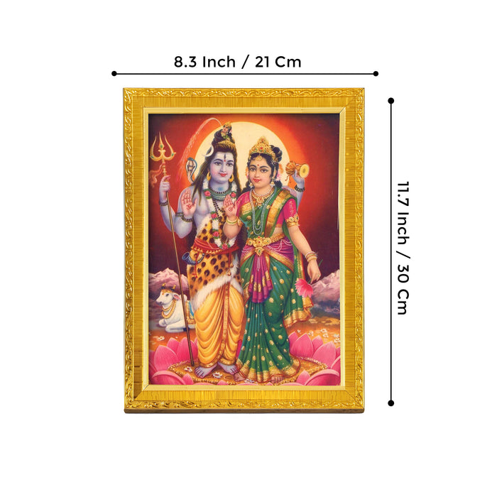 Divine Sri Radha Krishna Shiv Parvati Kali and Hanuman Ji Religious Golden Photo Frame Stand able and Wall Hanging for Temple (21x30 cm)