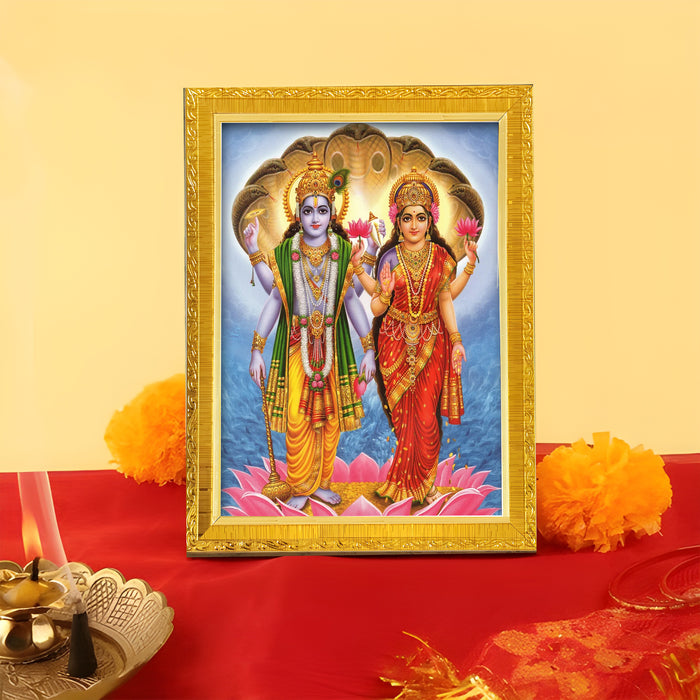 Bhagwan Vishnu Lakshmi And Saraswathi Religious Golden Photo Frame Stand able and Wall Hanging for Temple (13x18 cm)