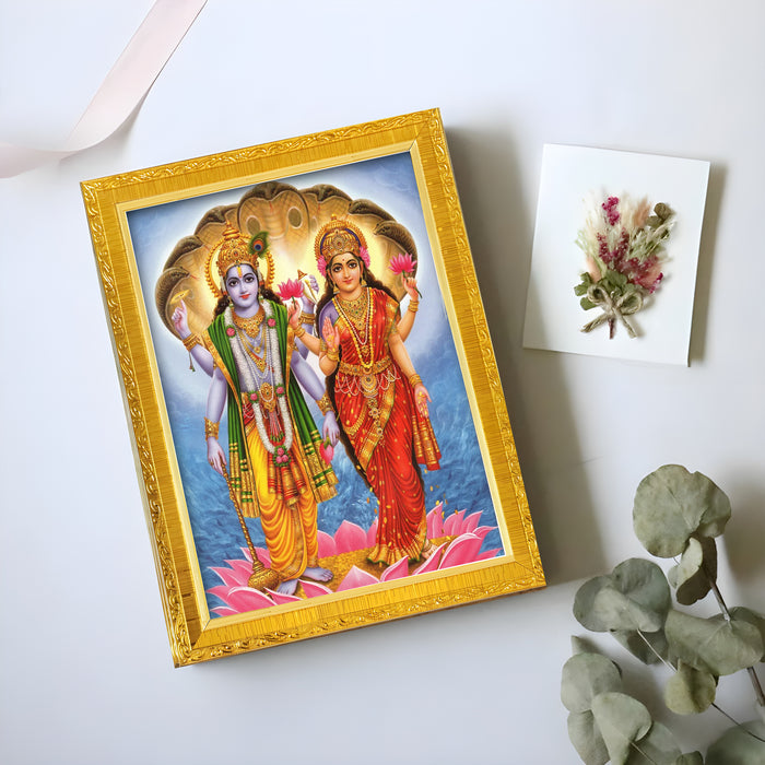 Bhagwan Vishnu Lakshmi And Saraswathi Religious Golden Photo Frame Stand able and Wall Hanging for Temple (13x18 cm)