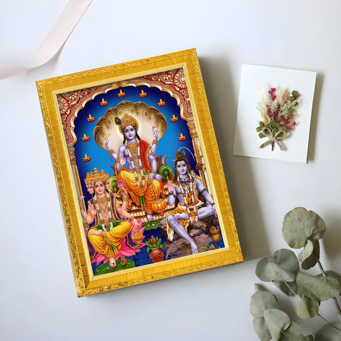Lord Ram Lakshman Hanuman Religious Golden Photo Frame Stand able and Wall Hanging for Temple (13x18 cm)